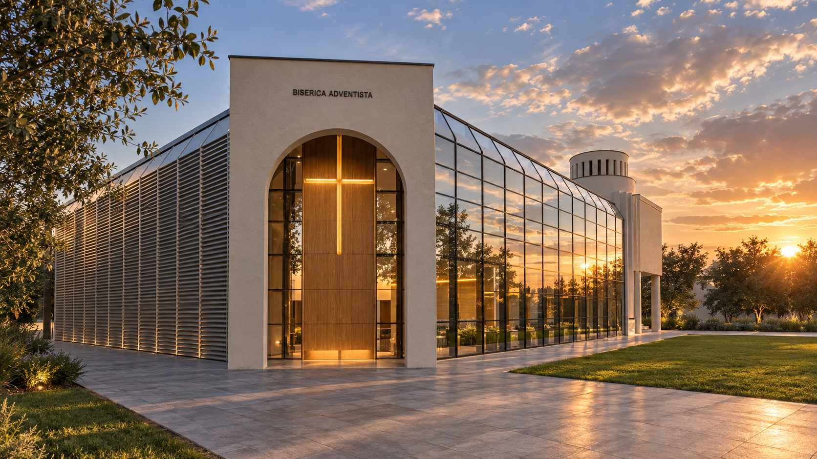 Intrarea arcuită a bisericii Maranatha, cu crucea iluminată și fațadă de sticlă la apus